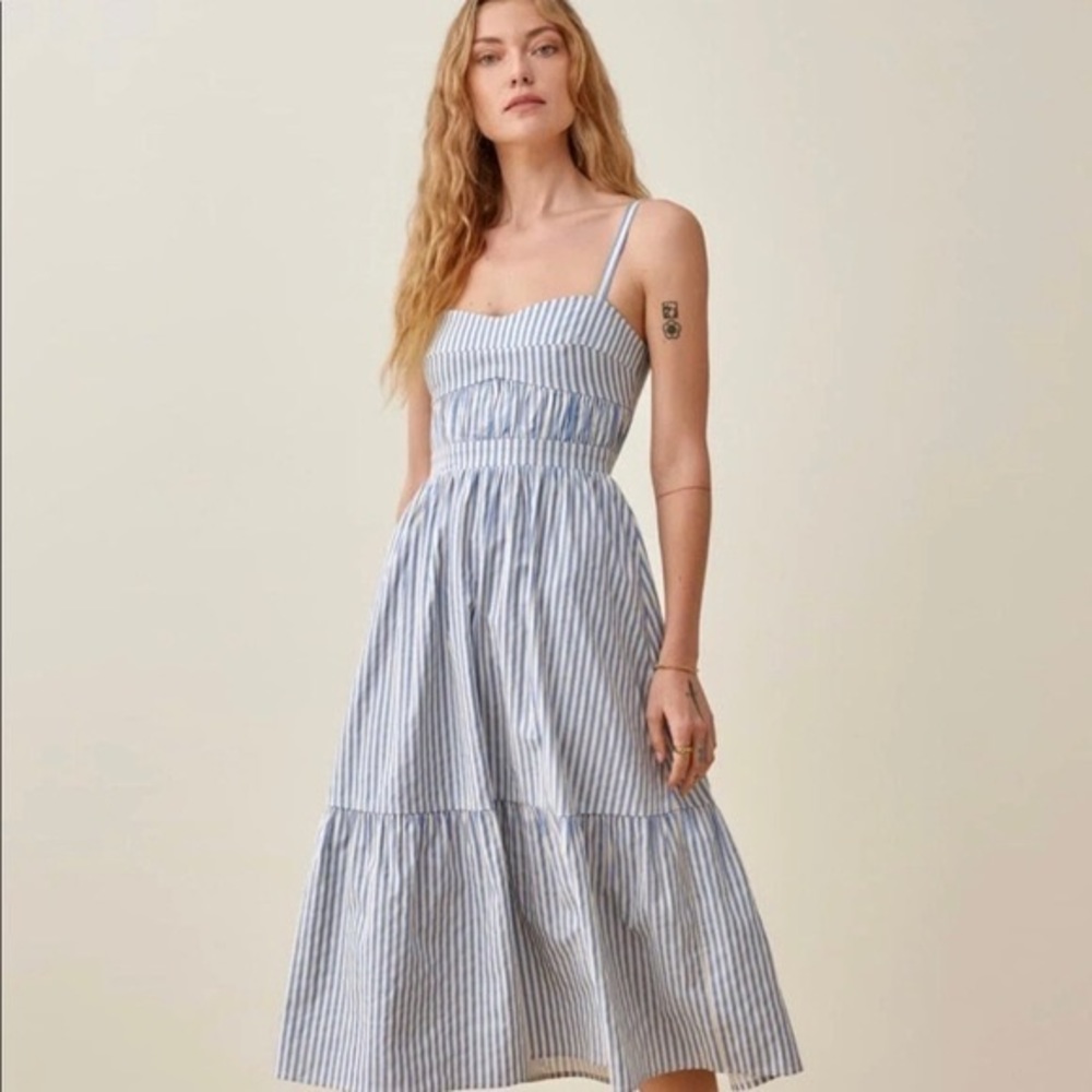Reformation Blue and White Tiered Sundress